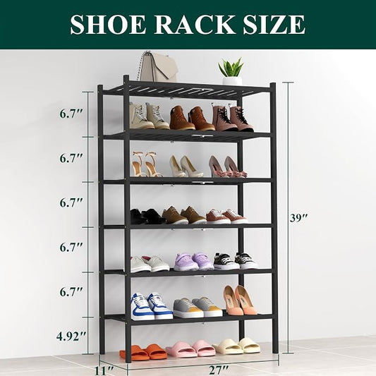 Smiry Bamboo Shoe Rack, 6 Tier Free Standing Wooden Shoe Organizer, Stackable Wood Shoe Storage Shelf for Closet, Entryway, 14 Vertical Slats, 2+2+2 Stack Heavy-Duty Legs, 26.8"x11"x39", Black