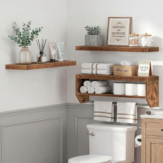 QEEIG Bathroom Floating Shelves for Wall - Shelf Over Toilet Paper Storage Farmhouse 32 inch Long Set of 3, Rustic Brown (028-80BN3)