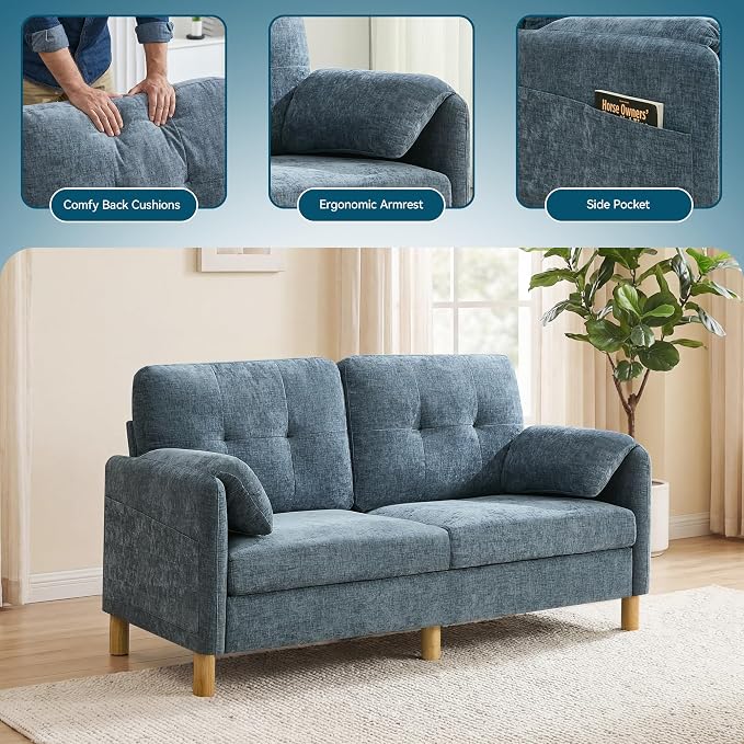 65" Loveseat Sofa, Mid Century Loveseat Couch for Living Room with Storage Pockets, Upholstered Small Loveseat for Small Spaces, Bedroom, Home Office, Apartments, Small Sofa Chenille Navy Blue