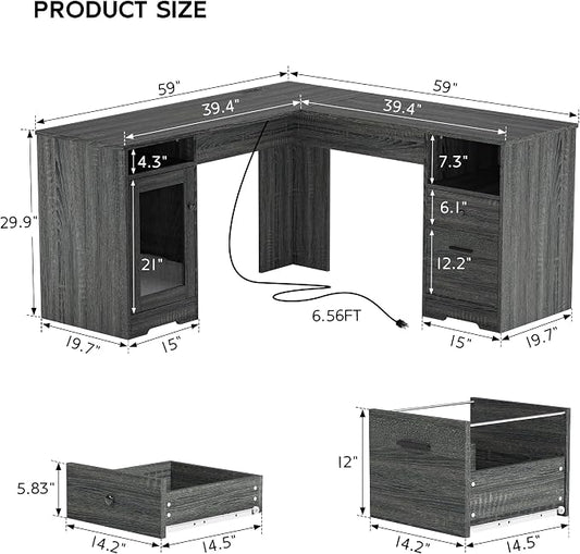 MU L Shaped Desk with File Cabinet, Corner Computer Desk with Storage Drawers, Large Home Office Table with Power Outlets, 60 Inch (Grey)