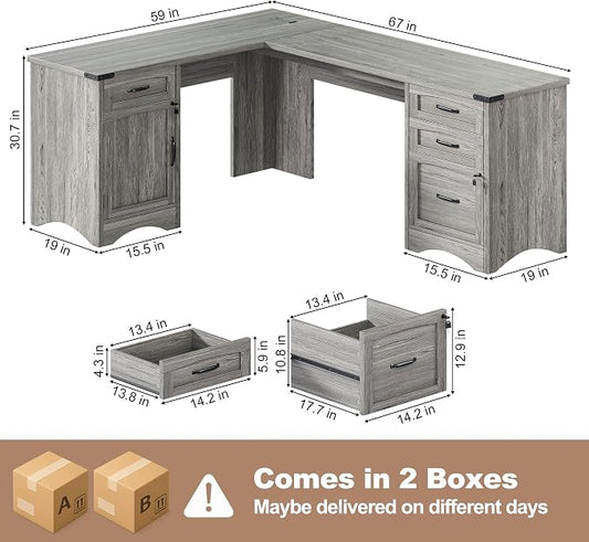 Decofy Farmhouse L Shaped Standing Desk with Storage Drawers, 67'' Corner Office Desk with File Cabinet & Charging Station, Wood Writing Computer Desk for Home Office, Study Room, Grey