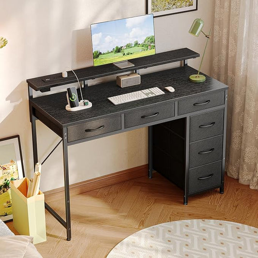 Huuger Gaming Desk with 6 Drawers, Computer Desk with LED Lights Power Outlets and Type-C, 39 Inch Office Desk with Storage, Monitor Stand, Writing Desk Work Desk Home Office, Bedroom, Black, 1CD100B