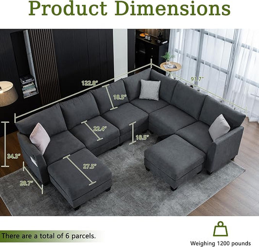 122.8" Large Sectional Couches for Living Room, 6 Seater L Shaped Modular Sectional Sofa with Two Storage Ottomans & USB, Oversized Corner Couch for Living Room(Grey)