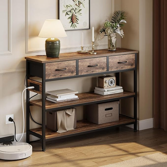 Lulive Entryway Table with Outlets, 3 Fabric Drawers, 43 in Console Table | 43.3"W x 11.8"D entry table with 2 outlets, 2 USB ports, swappable plug side, adjustable feet and anti-tip kit.