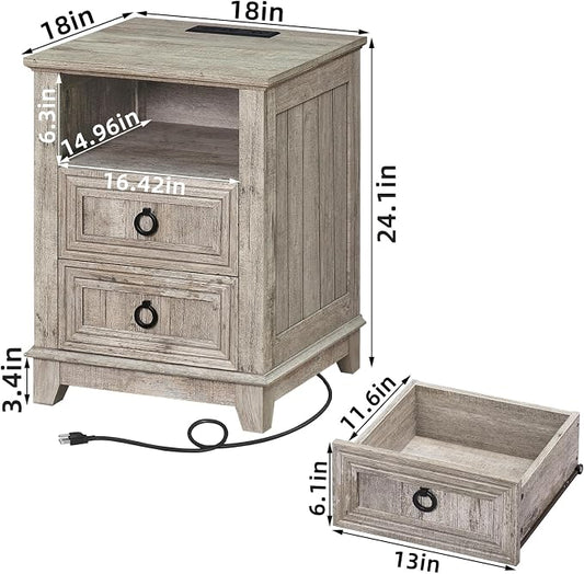 Joaxswe 18" Farmhouse Night Stand with Charging Station, 2 Drawers End Table Dresser for Bedroom, Oak Wooden Nightstand, Bed Side Table with Open Shelf, Bedside Cabinet for Living Room, Closet
