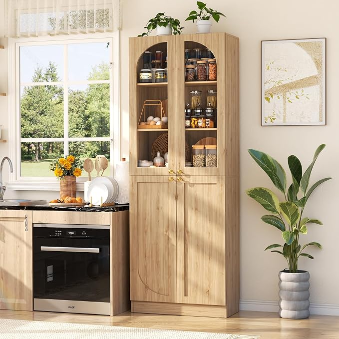 Cyclysio 80" Kitchen Pantry, Tall Arch Storage Cabinet with Tempered Glass & Soft Close Doors, Freestanding Wood Floor Cupboard Bookcase with Seamless Fit Wall for Dining Room, Living Room, Bathroom