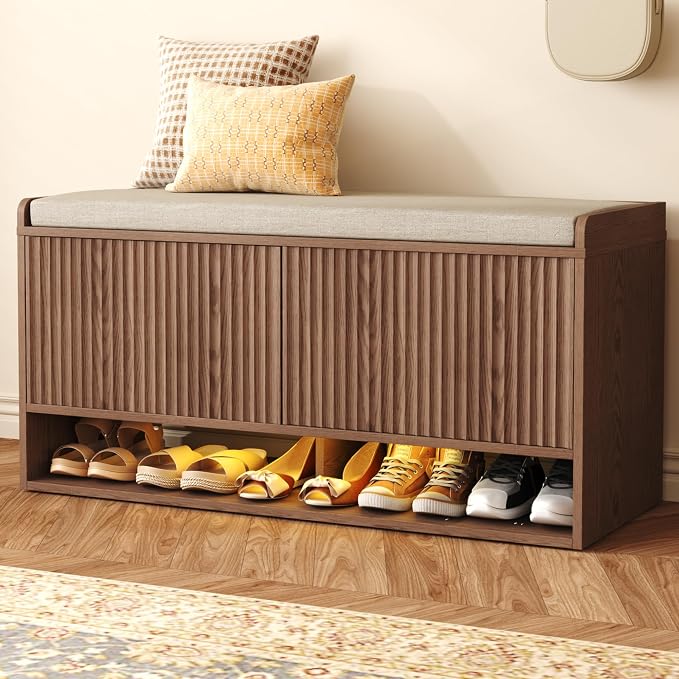 HOMEFORT 39.4" Fluted Shoe Storage Bench, Entryway Bench with Linen Seat Cushion, Shoe Cabinet Bench with Adjustable Shelf and Built-in LED Sensor Light, Bench for Bedroom End of Bed,Walnut