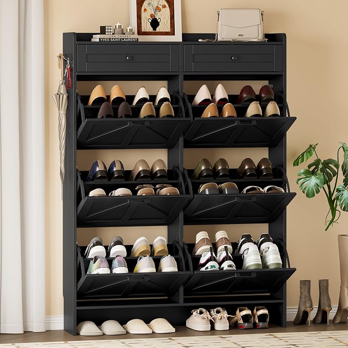 BORNOON Shoe Cabinet for Entryway, Farmhouse Shoe Storage Cabinet with 6 Flip Drawers and 2 Top Drawers, Tall Narrow Shoe Organizer Cabinet with Adjustable Shelves, Side Hooks and Anti-Tip Kit
