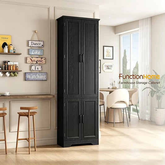 Function Home 72" Kitchen Pantry Cabinet, Tall Wood Farmhouse Storage Cabinet with Doors and Adjustable Shelves, 6 Tier Freestanding Cupboard for Kitchen Dining Room Living Room Bathroom, Black