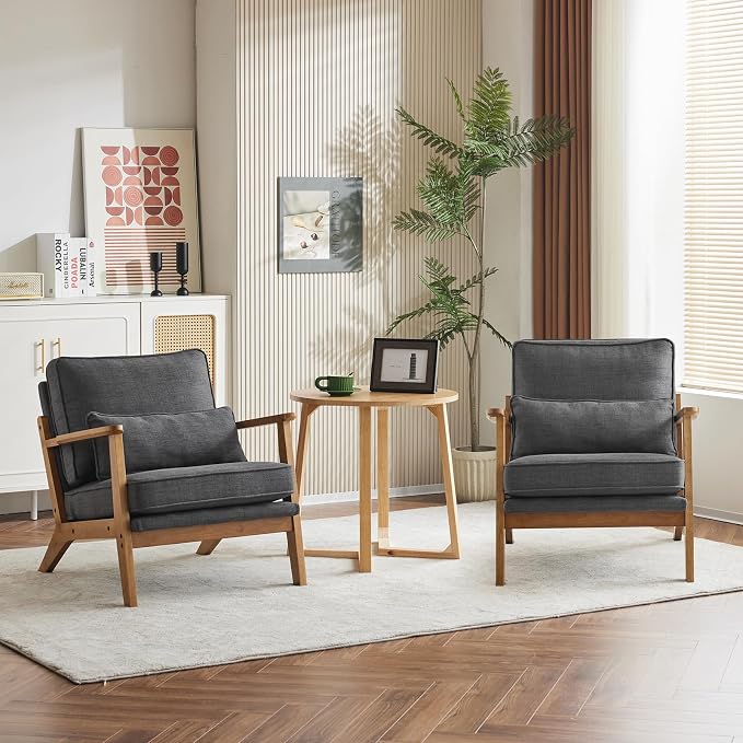 Karl home Mid-Century Lounge Accent Chair, Gray | Wide Curved Armrest, Linen Fabric, Lumbar Pillow Included, Solid Wood Frame, For Living Room, Bedroom, Balcony, Apartment
