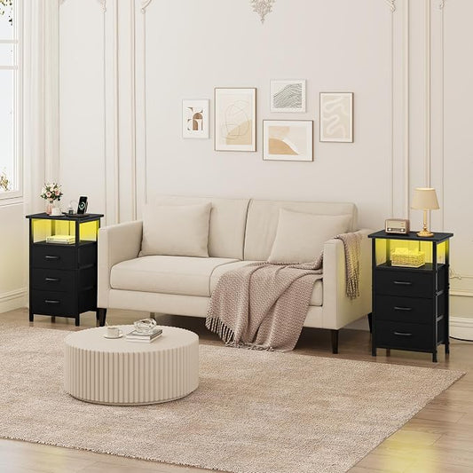 Vagusicc Night Stand Set 2 with Charging Station, LED Nightstand for Bedroom, Bedside Table with 3 Fabric Drawers, End Table Side Table with USB Ports & Outlets, Bed Side Table for Bedroom, Black