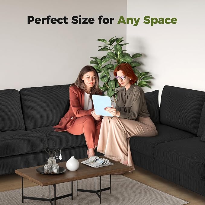 Kidirect 70in L Shaped Couch, Modular Sofa No Tool Assembly, Comfy Sectional Couches for Living Room 21in Deeper Seats, Corduroy Sofas for Living Room with 2 Pillows, Loveseat Sofa Set, Black Couch