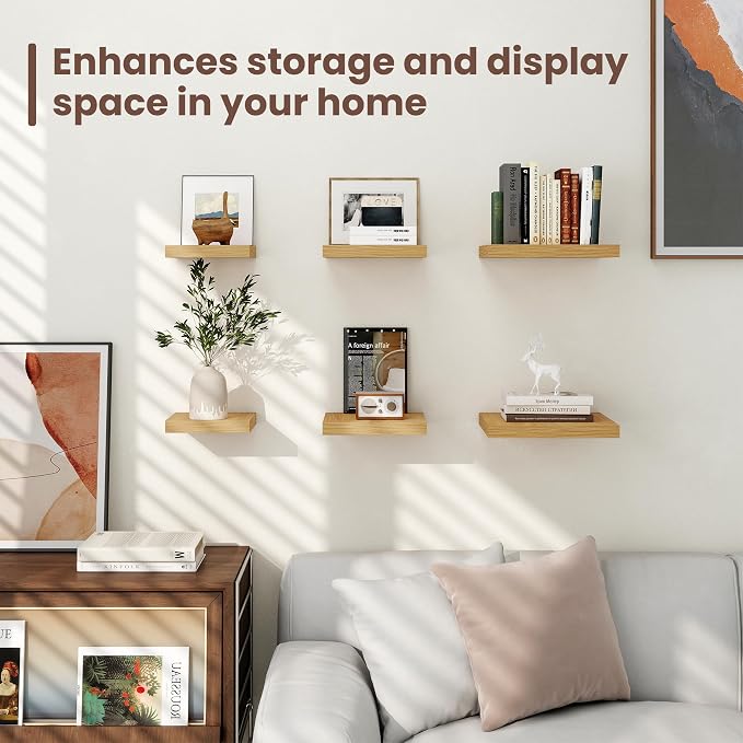 Fun Memories Square Floating Shelves for Wall - 9.3 Inch Deep Floating Shelves with Invisible Brackets, Oak Small Wall Shelf for Living Room, Bathroom, Bedroom, and Kitchen Decor Set of 4