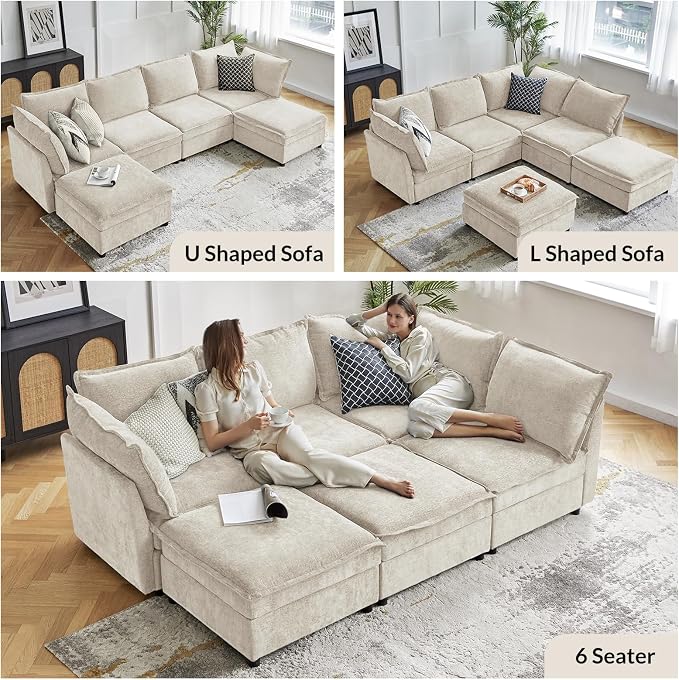 HULALA HOME Modular Sectional Sofa, Oversized 8 Seat U Shaped Couch with Storage Ottoman, Comfy Chenille Sofa with Deep Seat, Convertible Sectional Couches for Living Room, Beige