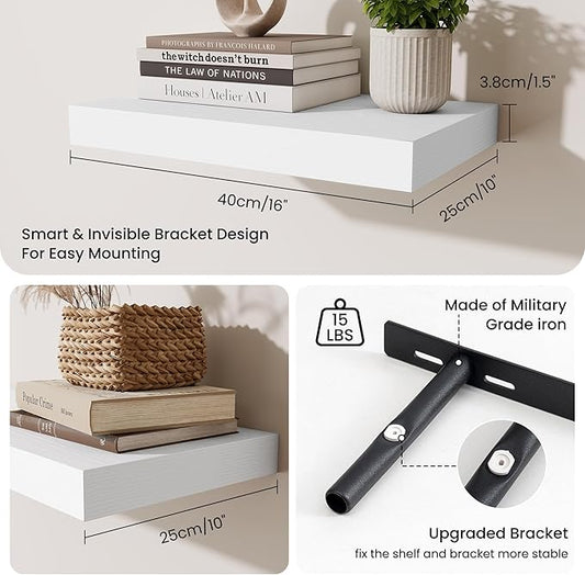 Fun Memories Wood Floating Shelves 16 Inch, 10 Inch Deep Shelves Wall Mount, Wall Shelves with Invisible Bracket, 16" Floating Shelves for Living Room Bathroom Bedroom, White, Set of 2