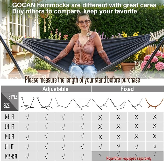 GOCAN Double Hammock 2 Person Extra Large 220x150cm Total Length 330cm Load 500lb Canvas Cotton Hammock for Patio Porch Garden Backyard Lounging Outdoor and Indoor with Removable Spreader bar