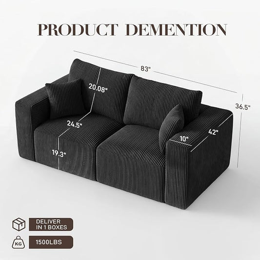 Modular Loveseat Cloud Couch, 79" Memory Foam Boneless Double Sofa, Cozy Upholstered Corduroy Frameless Furniture, No Assembly Required Small Couch for Apartment Living Room Office, Black