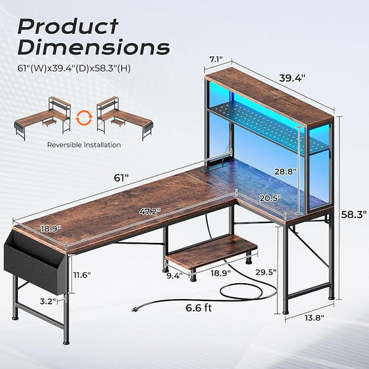 PRAISUN L Shaped Gaming Desk with LED Lights & Power Outlets, Reversible Computer Desk with Storage Shelves & Bag, Large Corner Home Office Desk with Pegboard for Work from Home, Rustic Brown