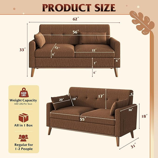 WLIVE 62" Loveseat Sofa, Mid Century Modern Small Couches for Living Room, Button Tufted Upholstered Couch for Bedroom, Solid Wood Frame, Easy to Install Furniture, Brown