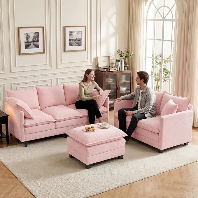 L-Shape Loveseat Sofa Couch with Ottoman, Small 50" Love Seat 27" Deep Cloud Sofa Washable Chenille Pillow for Apartment Bedroom Dorm Attic Studio Office Living Room Small Space 8833-PINK-L