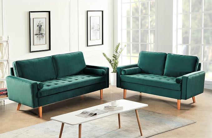 Container Furniture Direct Womble 70 Inch Velvet Sofa with Elegant Button Tufted Upholstery, Square Arms, Splayed Wood Legs, Includes Matching Bolster Pillows, Green