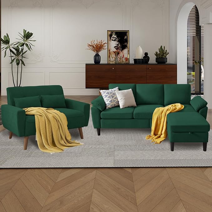 79" Convertible Sectional Sofa Set, Modern Linen Small L Shaped Couch with Reversible Ottoman and Loveseat, 3-Seat Sofa Couches for Living Room, Office, Apartment, Green