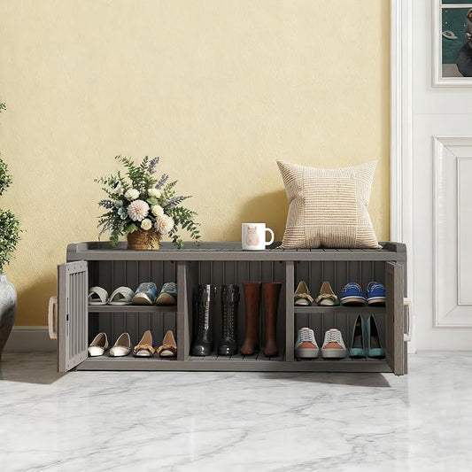 Outdoor Shoe Bench with Waterproof UV-Resistant Indoor Resin Shoe Cabinet Entryway Shoe Cabinet with 2 Doors or Entryway,Living Room,Bedroom,Gray (2 Door)
