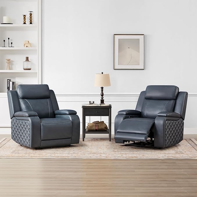 Watson & Whitely Genuine Leather Power Recliner Chairs for Adults, Zero Gravity Recliner with Power Headrest & Hidden Storage, RV Electric Reclining Sofa Chair for Living Room, Home Office, Navy