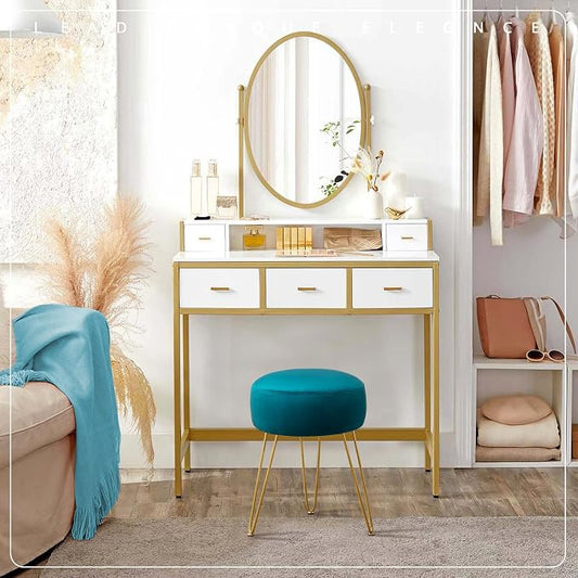 LUE BONA Vanity Stool, Teal Vanity Stools for Makeup Room, Round Ottoman Foot Stool, Velvet Footrest Vanity Chair for Bathroom Vanity, Bedroom, Living Room, Entryway, Offices, 300lbs