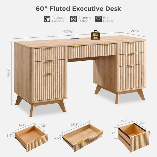 T4TREAM Fluted Executive Desk with Drawers, 60" Modern Home Office Computer Desk with Charging Station, File Cabinet, Keyboard Tray and Storage Cabinet for Study, Living Room, Bedroom, Natural Oak