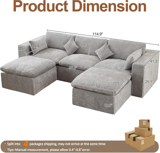 115'' Cloud Boneless Sectional Couch, Modular Sectional Sofa Deep Seat with 2 Ottomans, Oversized Upholstered Convertible Comfy 5 Seater Chenille Sofa U Shape Couches for Living Room, Light Grey