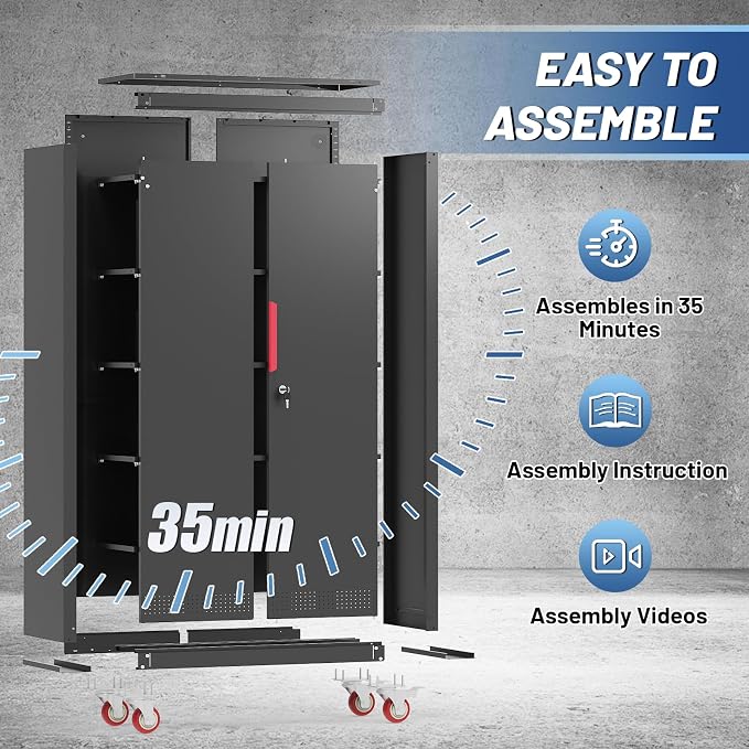 Metal Storage Cabinet with Wheels,71" Garage Cabinets with 4 Adjustable Shelves and Lockable Doors,Black Locking Cabinet Suitable for Garages,Home,Office