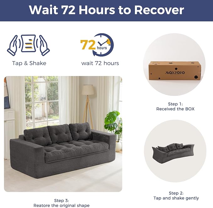 MAXYOYO 79" Loveseat Sofa Couch for Small Spaces, Boneless Upholstered Cloud Couch for Apartment Bedroom, 3-Seater Love Seat Floor Modern Sofa with Pillows, No Assembly Required, Dark Grey