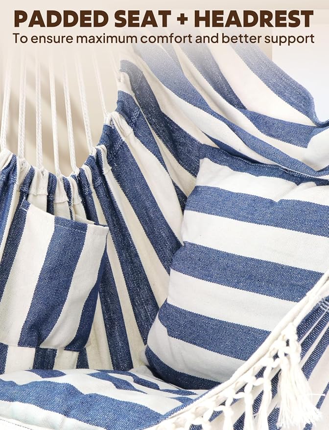 Chihee Hammock Chair Hanging Swing 2 Pillows Included,Strong Webbing Straps and Hooks for Easy Hanging Soft Cotton Hanging Chair Side Pocket Tassel Chair Comfort Indoor Outdoor Blue White