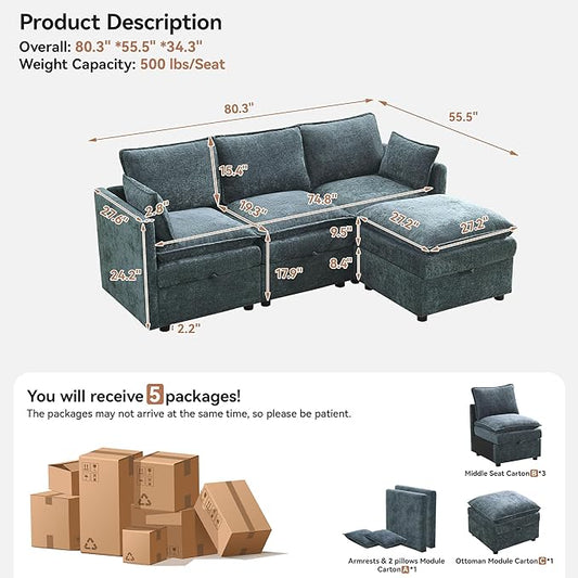80" Cloud Modular 3 Seater Sofa with Storage Ottoman, Modern Upholstered Storage Sofa Couch Deep Seat, L Shape Sectional Sofa Chenille Comfy Couch with Armrests for Living Room, Small Space, Blue
