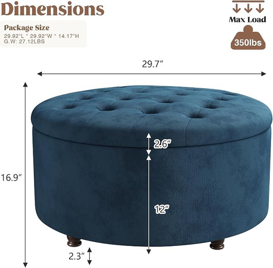 30 Inch Round Storage Ottoman,Modern Blue Tufted Ottomans,Circular Coffee Table with Removable Top,Upholstered Large Ottoman with Storage Footrest Stool for Bedroom Living Room (Blue)