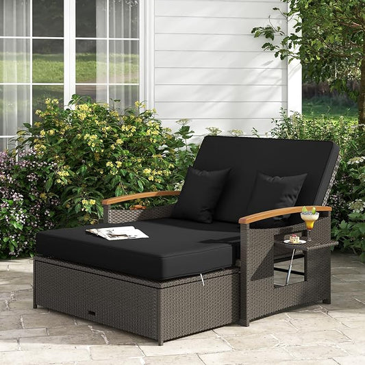 LDAILY Moccha Outdoor Wicker Daybed, Patio Rattan Loveseat Sofa w/ 4-Level Adjustable Backrest, Folding Panels, Storage Ottoman & Cushions, Lounge Furniture Set for Poolside Backyard Porch (Black)