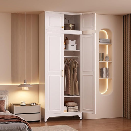 Armoire Wardrobe Closet with Hanging Rod, 86.6"Tall Metal Clothes Storage Cabinet with Doors and Adjustable Shelves, White Wardrobe Cabinet, Steel Closet for Bedroom, Bathroom, Office, School