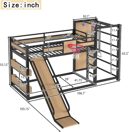 Harper & Bright Designs Twin Over Twin Metal Bunk Bed with Slide & Climbing Wall & Basketball Hoop Bookshelves for Love Sports, Yellow+Black
