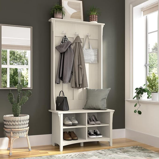 Bush Home Salinas Hall Tree with Shoe Storage Bench in Antique White, Multi-Purpose Home Organizer, Entryway Solution with Seating and Hooks