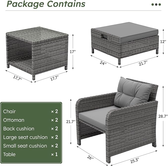 LHBcraft Balcony Furniture 5 Piece Patio Chairs Conversation Set, PE Wicker Rattan Outdoor Lounge Chairs with Soft Cushions 2 Ottoman-Glass Table for Porch, Charcoal