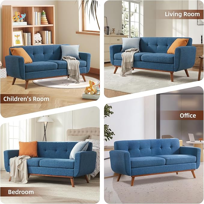 Kingfun 65.2" W Loveseat Sofa, Mid Century Modern Decor Love Seat Couches for Living Room, Button Tufted Upholstered Furniture, Solid & Easy to Install Small Couch for Bedroom Office Apartment, Blue