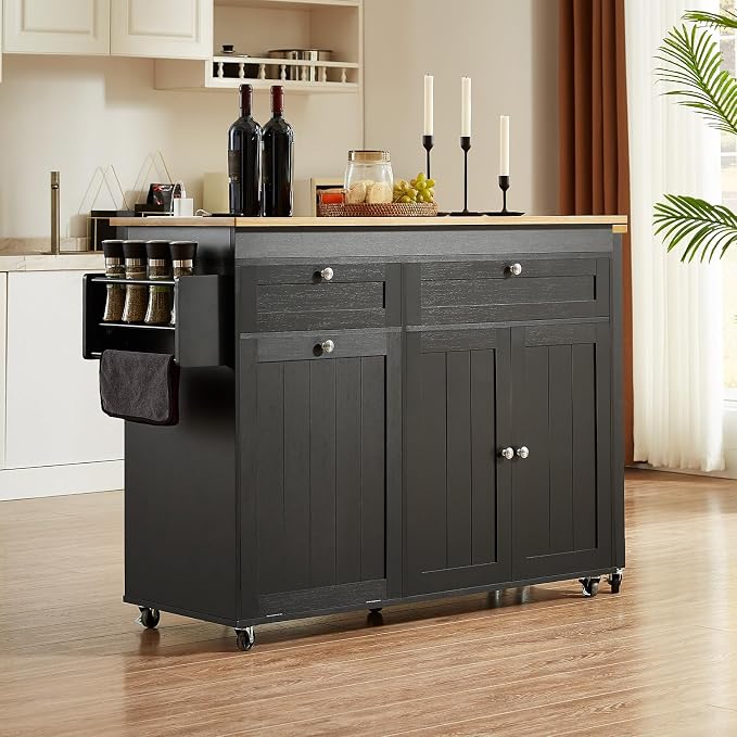 ONBRILL Kitchen Islands with Extendable Dining Table, 81.7" Mobile Kitchen Storage Islands, Rolling Kitchen Cart with Trash Cabinet, Power Outlet, Spice Rack & Towel Rack, Black