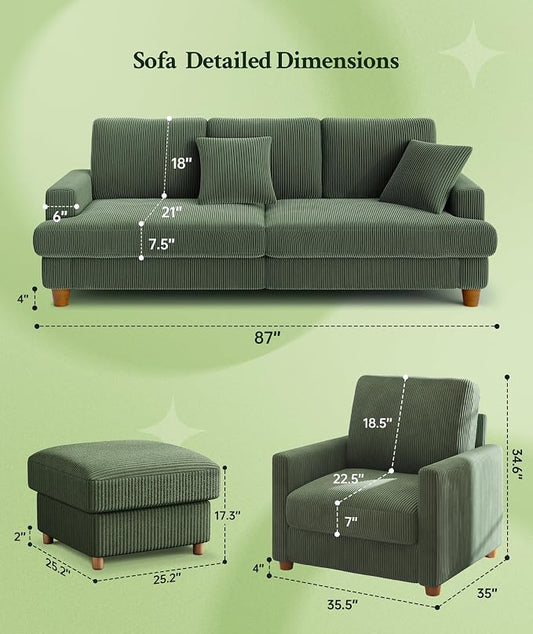 Welzona 87.2" Couches for living Room, Comfy Sectional Couch Green 7.5" Thicker Cushion, Sofas for Living Room Tool-Free Setup, Accent Chair with Ottoman 848lbs Support, Corduroy Couch for Home Office