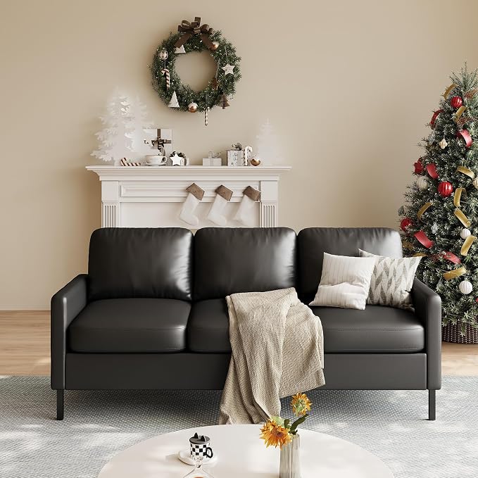 STHOUYN 72" W Faux Leather Black Sofa 3 Seat Couch, Modern Comfy Couch with 2 USB, Small Couches for Living Room Apartment Bedroom Small Spaces, Office(Black)