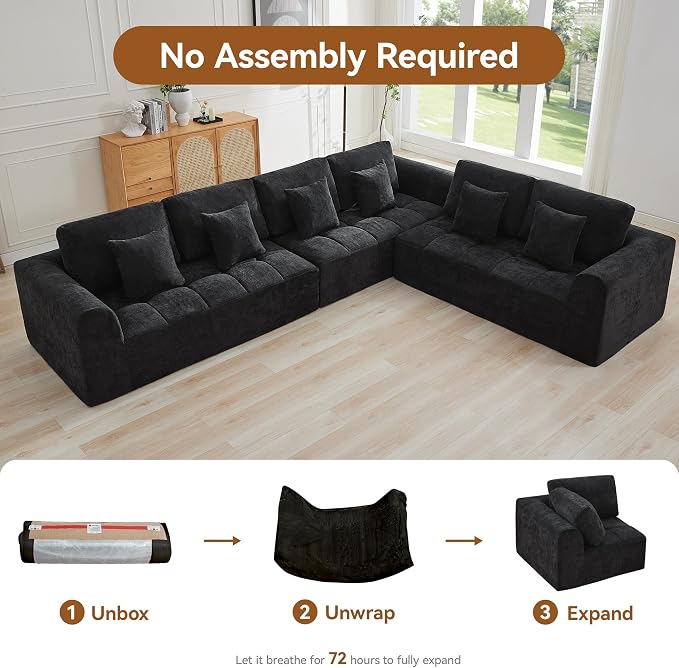 140''Modular Sectional Couches for Living Room, Cloud Boneless Compressed Sectional Sofa, Oversized L Shaped 6 Seater Upholstered Memory Foam Sofa, No Assembly, Chenille Black