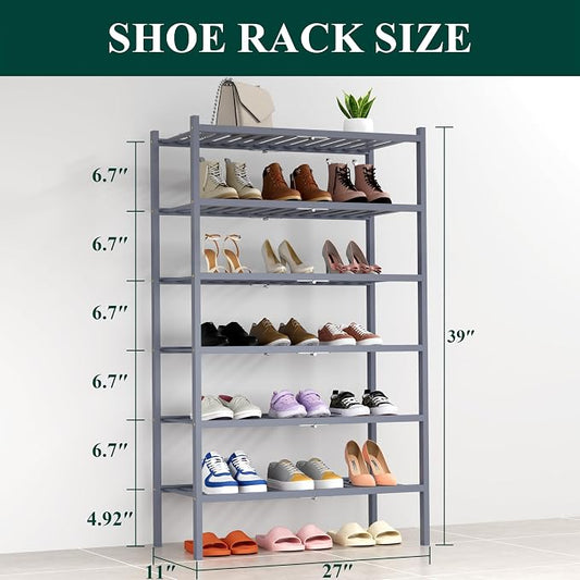 Smiry Bamboo Shoe Rack, 6 Tier Free Standing Wooden Shoe Organizer, Stackable Wood Shoe Storage Shelf for Closet, Entryway, 14 Vertical Slats, 2+2+2 Stack Heavy-Duty Legs, 26.8"x11"x39", Grey