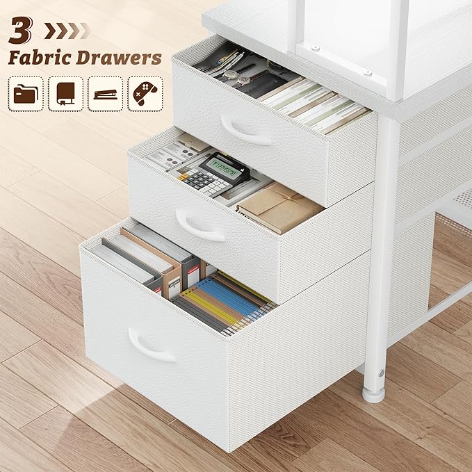 DurayLoly 55''White Desk with 3 Fabric Drawers & Shelf, Remote LED Power Outlet for Bedroom