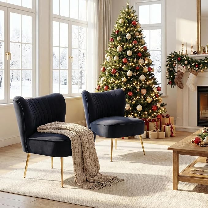 DUOMAY Modern Accent Chair Set of 2 Velvet Slipper Chair with Gold Legs Wingback Side Chair for Living Room Bedroom Entryway Small Corner Chair for Space Saving, Black