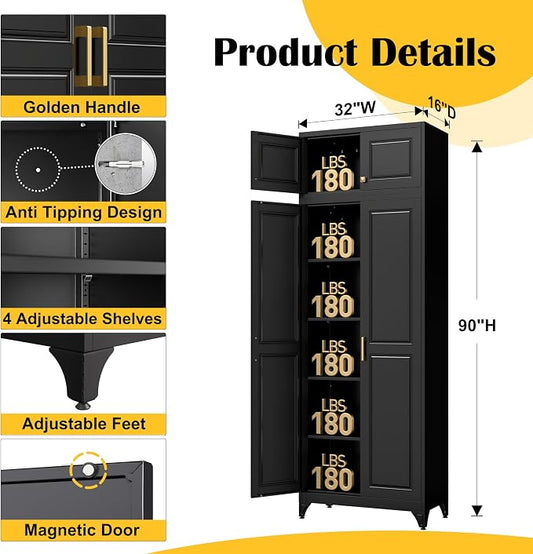 SteeLoong 90”Kitchen Pantry Cabinet,Metal Storage Cabinets with Doors and 4 Adjustable Shelves,Black Kitchen Cabinet with 2 Gold Handles,Tall Cabinet for Livingroom, Bathroom